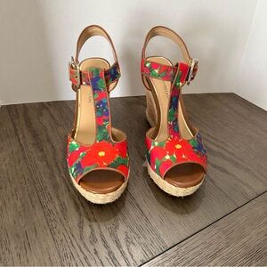 ANTONIO MELANI Red Floral T-Strap Espadrille Wedges